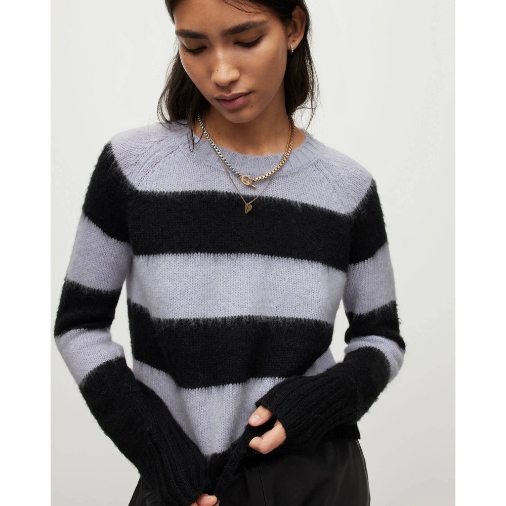 AllSaints Lou Striped Jumper Sweater Womens Medium Blue Black Alpaca Blend Knit